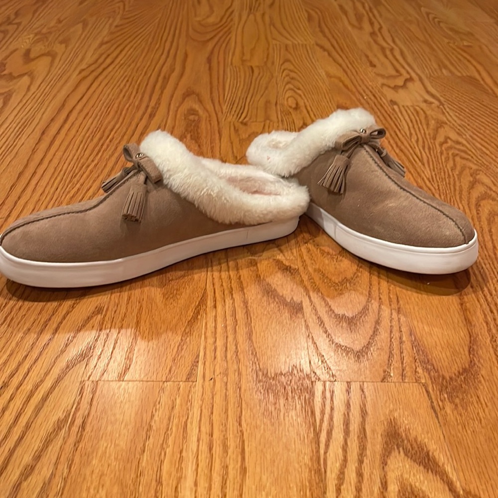 Kate Spade Limon Camel Suede Slides with Shearling Trim